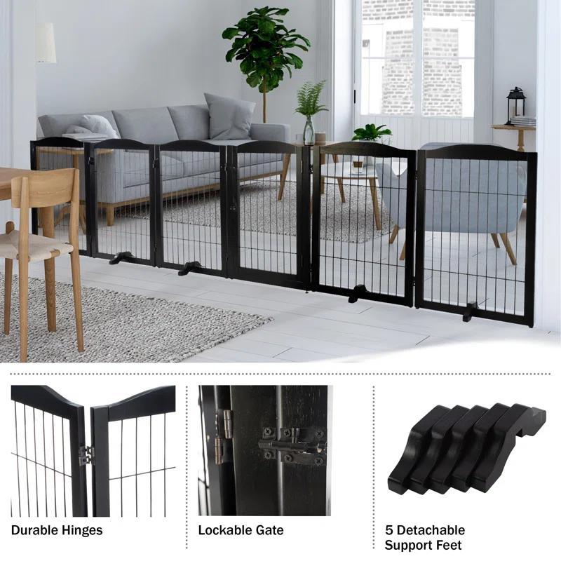 PETMAKER Pet Gate - 6-Panel Indoor Folding Dog Fence for Stairs or Doorways - 132.5x31.5-Inch Freestanding Play Pen with Support Feet