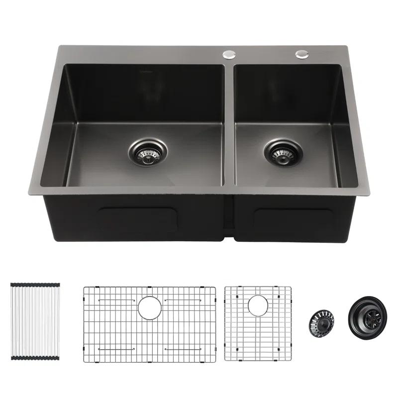 33" L x 22" W Drop-in Double Bowl 60/40 Sink 16 Gauge Stainless Steel Kitchen Sink Topmount Sink