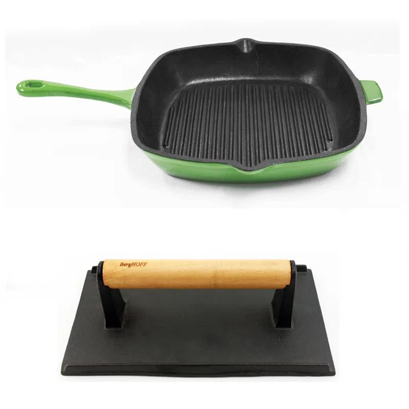 BergHOFF BergHOFF Neo 2Pc Cast Iron Grill Set: Grill Pan & Bacon/Steak Press, Green