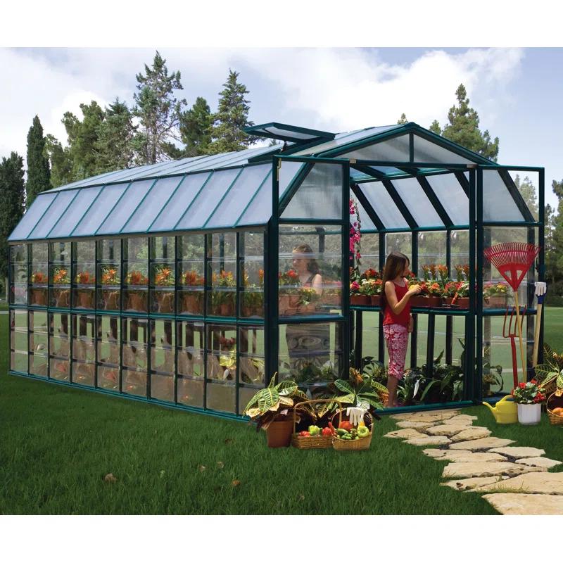 Canopia Palram - Canopia Grand Gardener 2 - 8' W x 20' D Walk-In Hobby Clear Polycarbonate Resin Frame Greenhouse Kit with Roof Vent and Base - Green