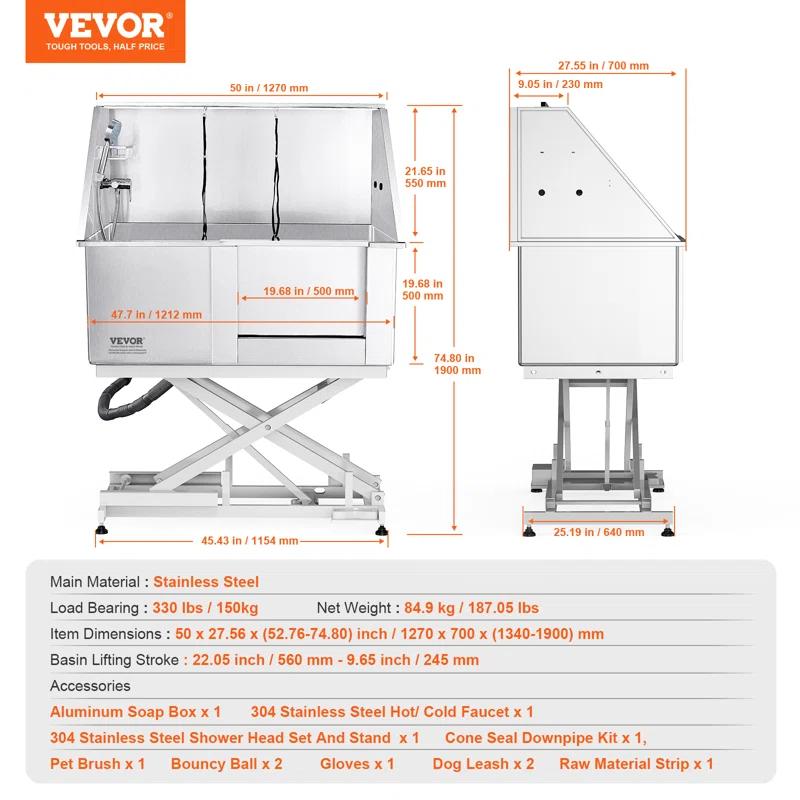 VEVOR 50" W Metal Dog Grooming Tub Electric Height Adjustment with Right Door Opening