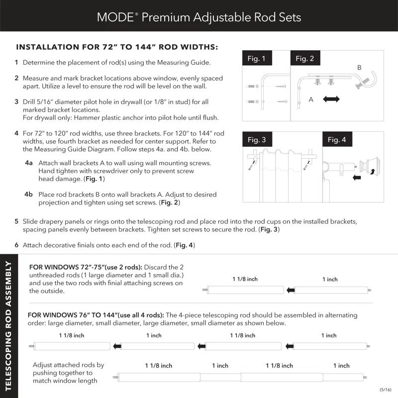 MODE Mode Premium Collection 1 1/8 in Diameter Curtain Rod, Cylinder Finials and Steel Wall Mounted Adjustable Rod
