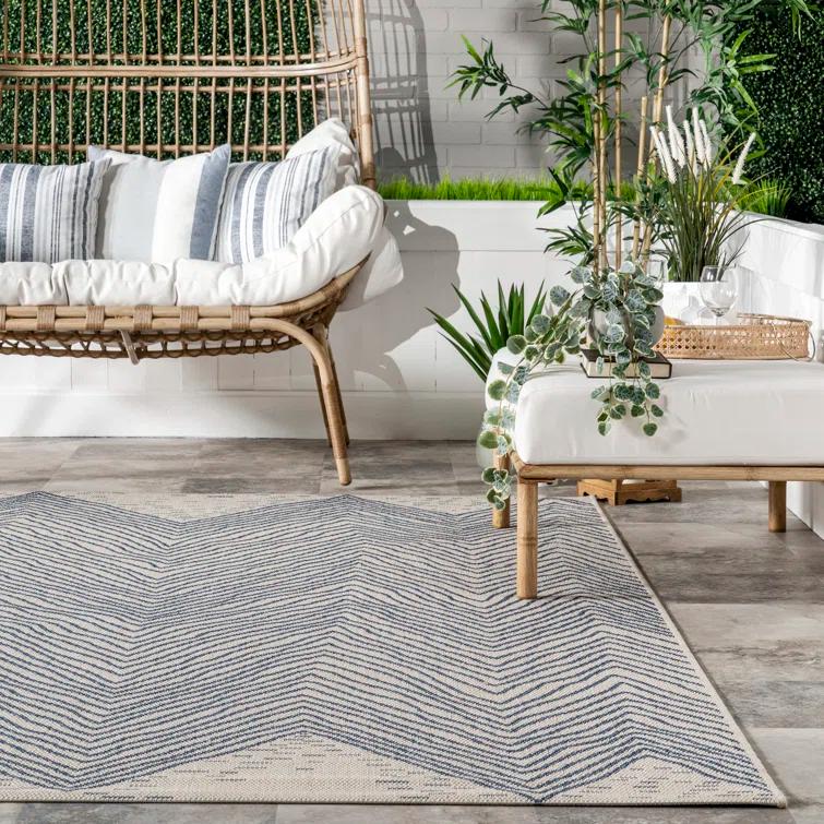 Dunham Abstract Indoor/Outdoor Area Rug for Living Room Patio Deck Front Porch Kitchen, Blue/Ivory