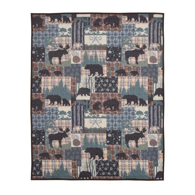 De Leon Collections Grand Bear Lodge Woodland Forest Outdoor Nature Patchwork 60" x 50" Decorative Quilt Throw Blanket