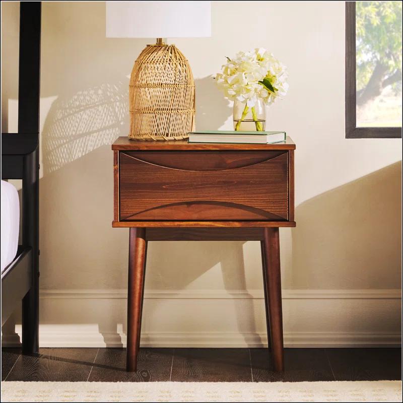 George Oliver Mid-Century Modern 1-Drawer Solid Wood Nightstand – Walnut