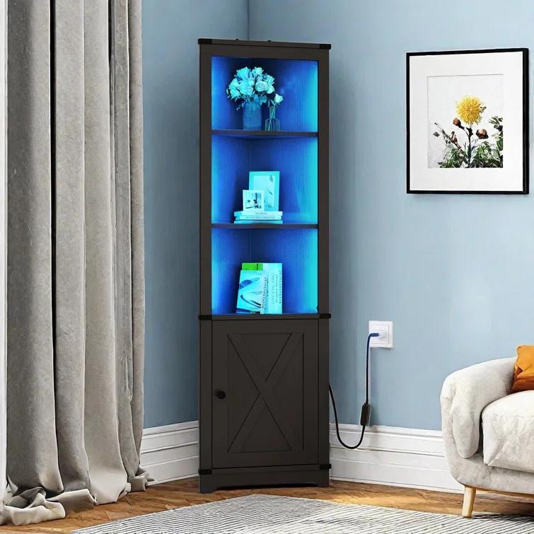 Gracie Oaks Aspenn 67" H Corner Bookcase with LED Light, Corner Storage Cabinet with Adjustable Shelf