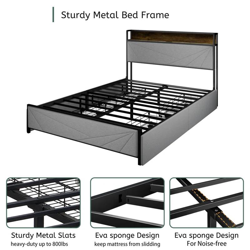 Full Size Bed Frame With 4 Storage Drawers And 2 USB Ports, Upholstered Platform Bed Frame With Storage Headboard Charging Station And Metal Slat Support, No Box Spring Needed, Dark Grey