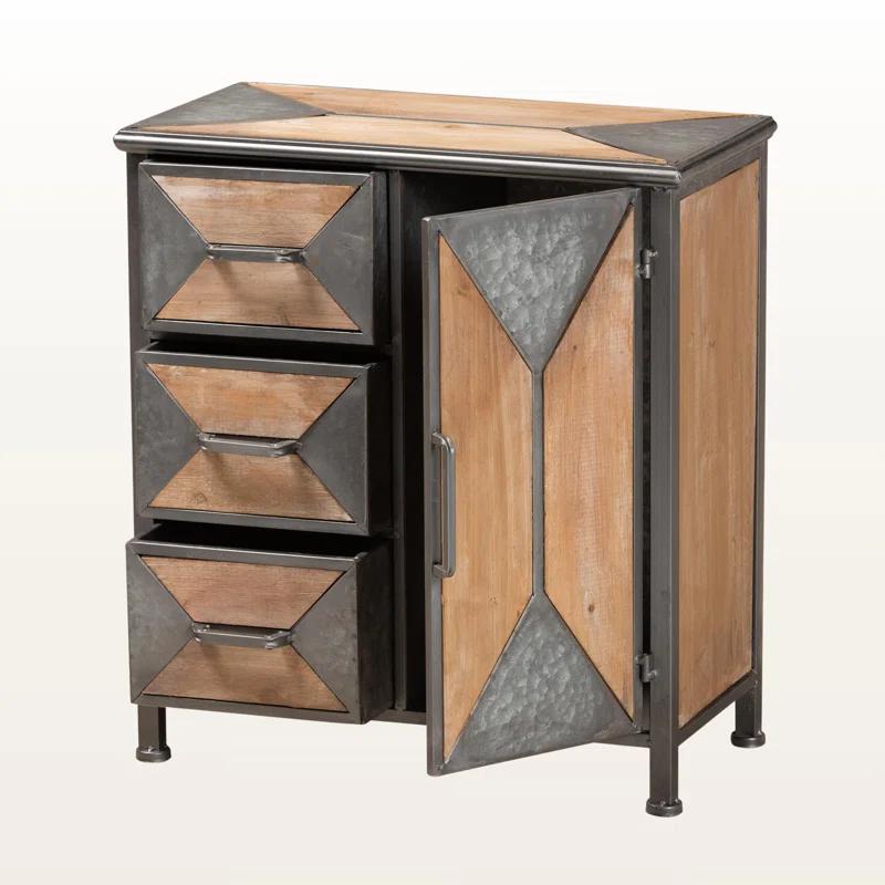 Livi Homes Vortex 3-Drawer Accent Storage Cabinet in Rustic Industrial Antique Grey Finished Metal and Whitewashed Oak Brown Finished Wood