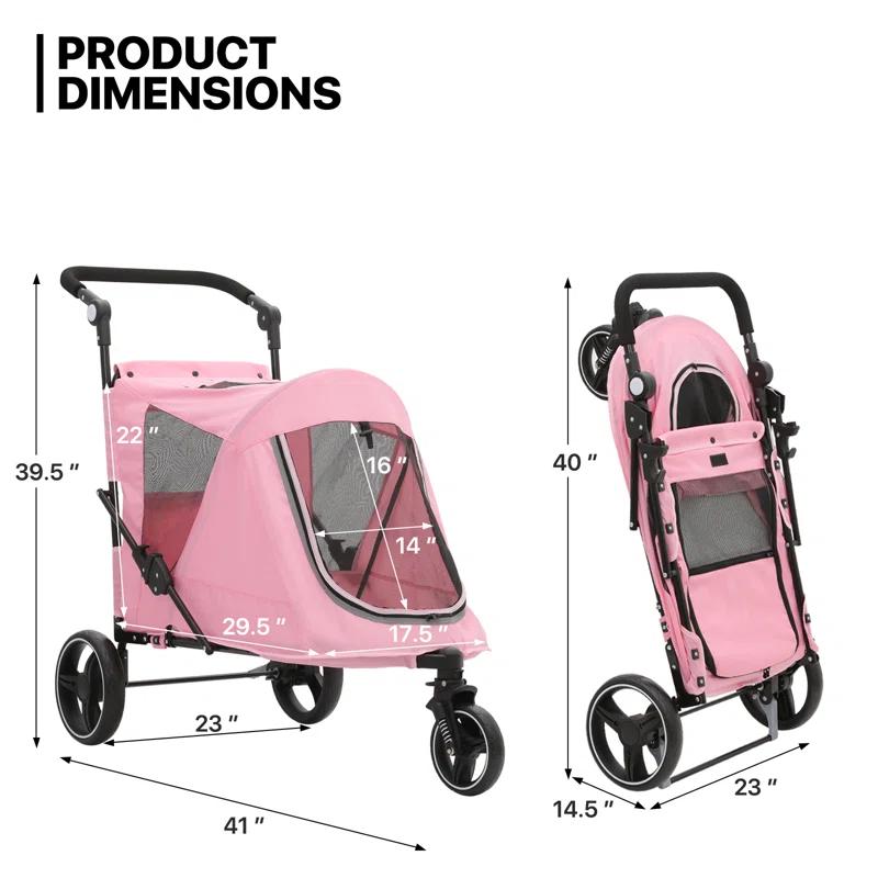 MoNiBloom Folding 3 Wheel Pet Stroller, Foldable Dog Jogger Stroller with Adjustable Handlebar and Mesh Window