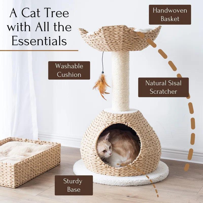 PetPals PetPals Walk Up Cat Tree with Fleece Perch, Handwoven Basket, and Sisal Scratching Post, Eco-Friendly Cat Furniture, Beige