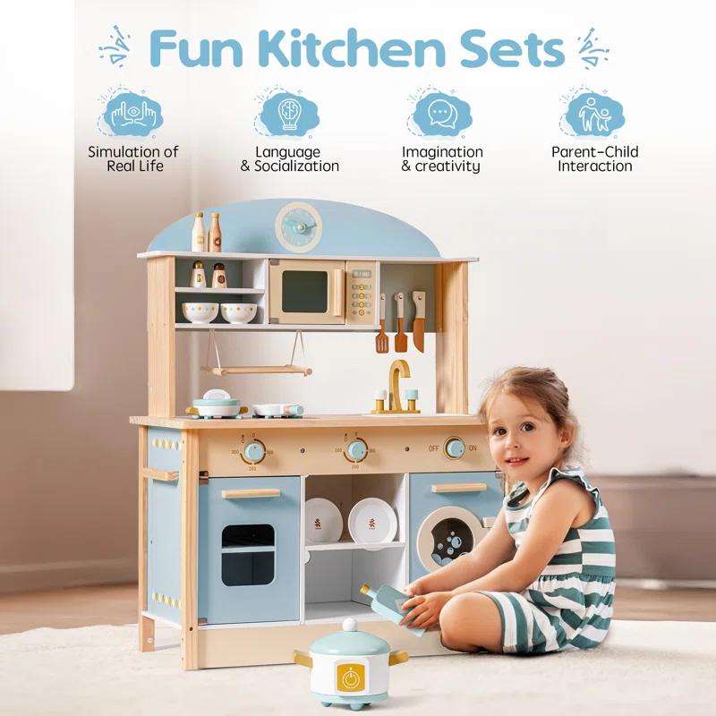 ROBUD Solid Wood Play Kitchen & Accessories Set, Preschool Kitchen Set, Kids Kitchen Playset