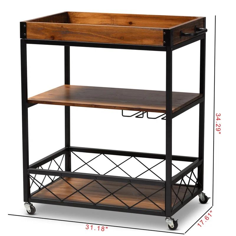Livi Homes Paloma Mobile Metal Bar Cart with Stemware Rack in Vintage Rustic Industrial Oak Brown and Black