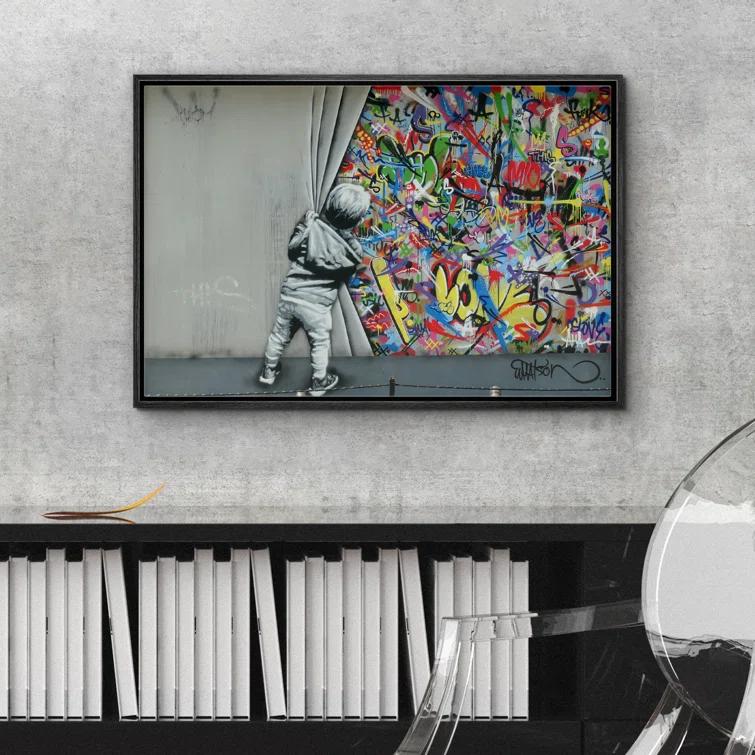 IDEA4WALL Pop Urban Street Banksy British Artist Kid Spray Paint Curtain Illusion Colorful Large Canvas Print Wall Art
