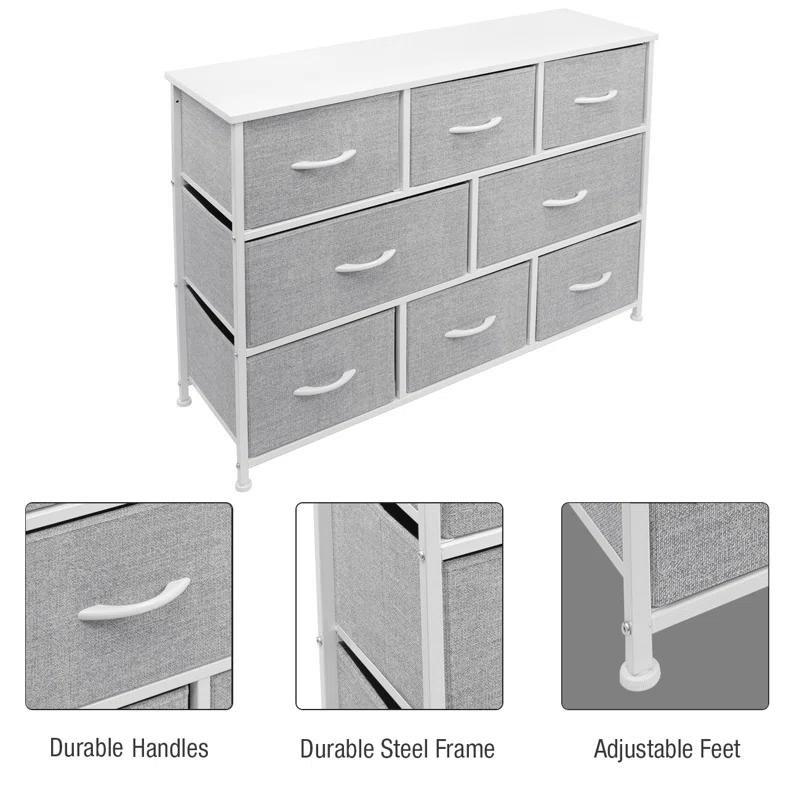 Sorbus Sorbus 8 Drawers Wide Dresser with Steel Frame, Wood Top, and Fabric Bins in White