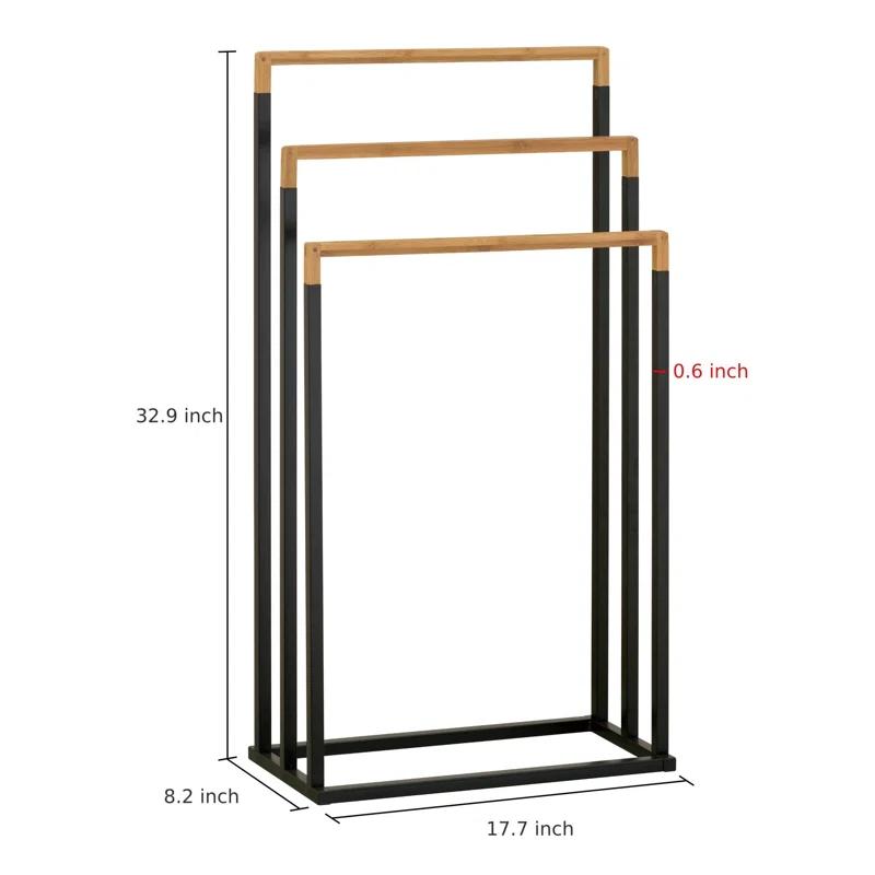 MyGift 33 Inch Black Chrome Plated Metal Freestanding Bathroom Towel Rack Stand with 3 Tier Bamboo Wood Bar, Laundry Room Drying Rack Stand