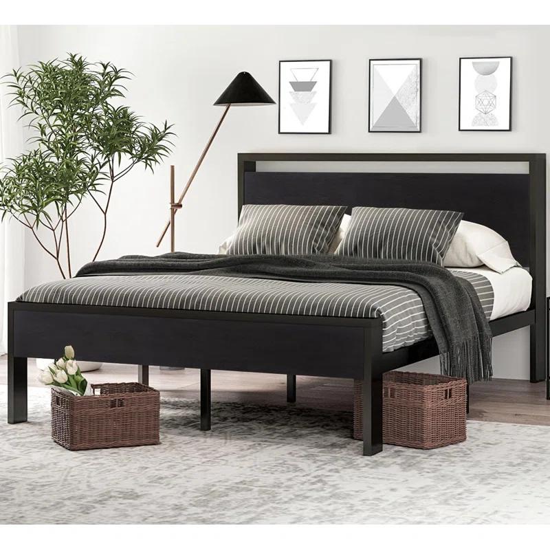 17 Stories 14 Inch Queen Size Metal Platform Bed Frame with Wooden Headboard and Footboard,No Box Spring Needed