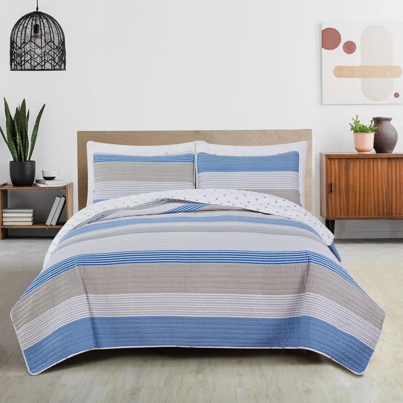FreshFolds Blue / White / Grey Striped Reversible Quilt Set with Shams