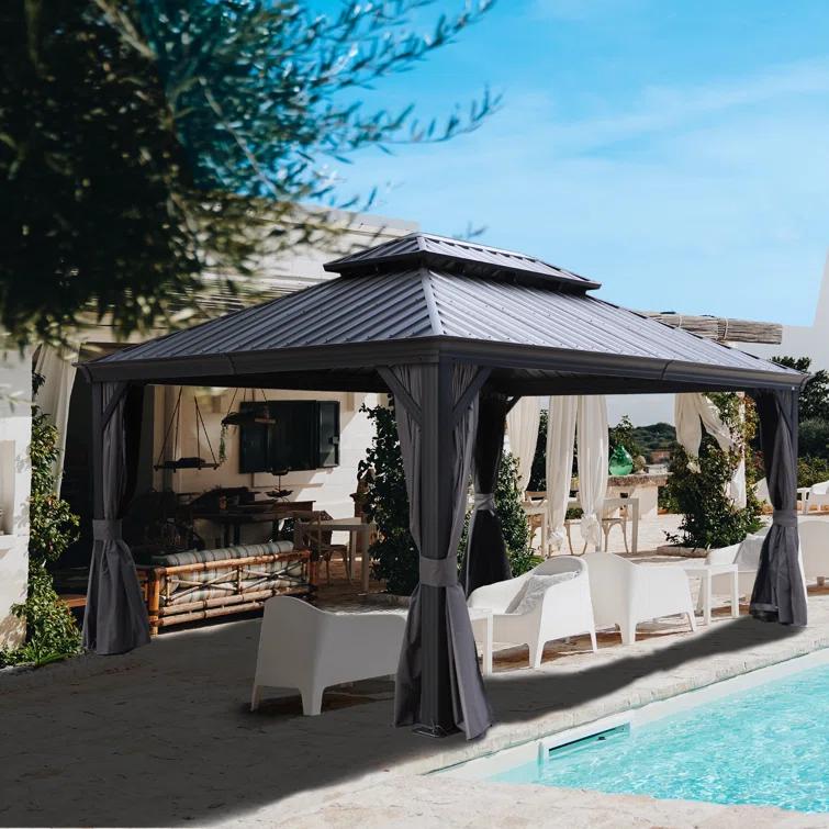 Kozyard Kozyard Alexander Gray Double Roof Hardtop Gazebo with Privacy Curtain Mosquito Netting