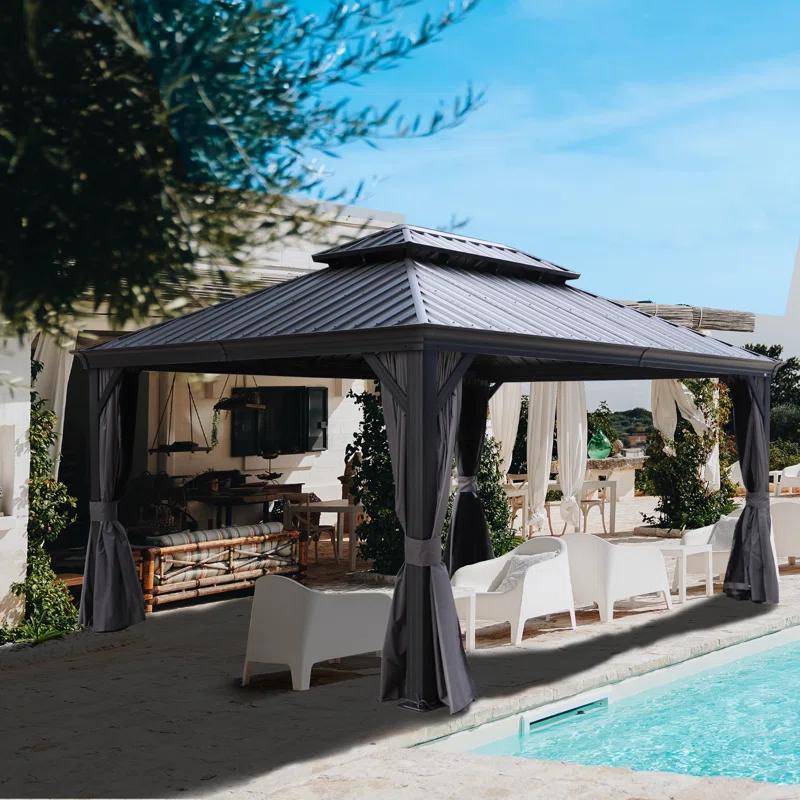 Kozyard Kozyard Alexander Gray Double Roof Hardtop Gazebo with Privacy Curtain Mosquito Netting