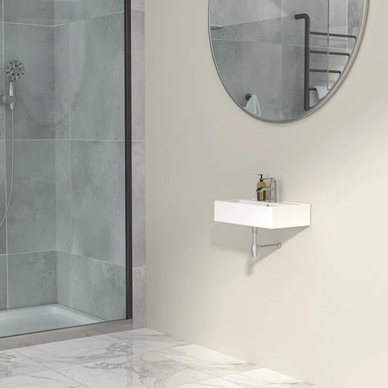 Logmey 21" L x 12" W Wall Mounted Bathroom Sink Wall Hung White Ceramic Sink with Overflow and Faucet Hole S0LM21GP12