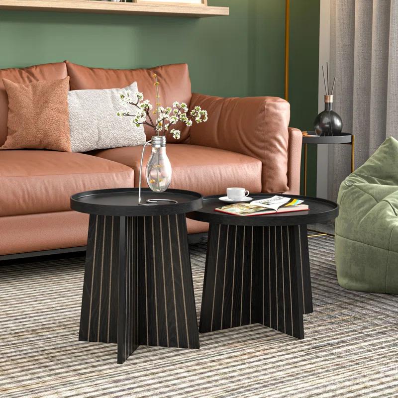 Gracie Oaks Round Fluted Nesting Coffee Table, 2 Piece Coffee Table Set For Living Room, Office, Balcony