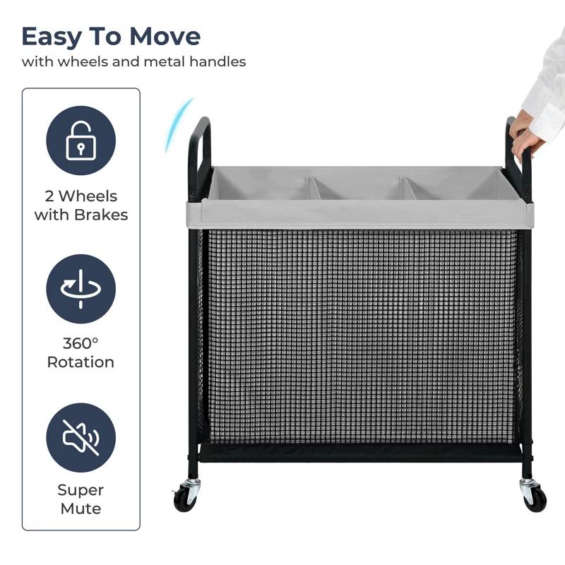 Latitude Run® Laundry Hamper 3 Section, 120L Rolling Laundry Sorter Cart With Removable And Washable Liner Bag, Rolling Clothes Hamper With Metal Handle For Laundry Room And Bedroom,