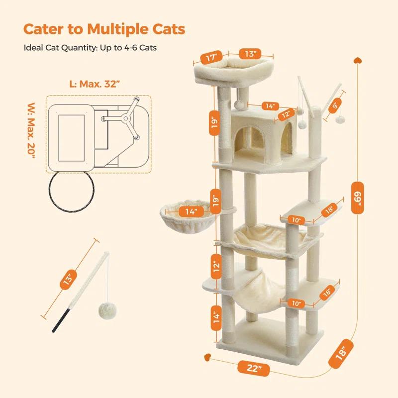 69" Tall Cat Tree Large Cat Tower With Super Big Hammock, Scratching Posts, Condo House And Large Top Perch