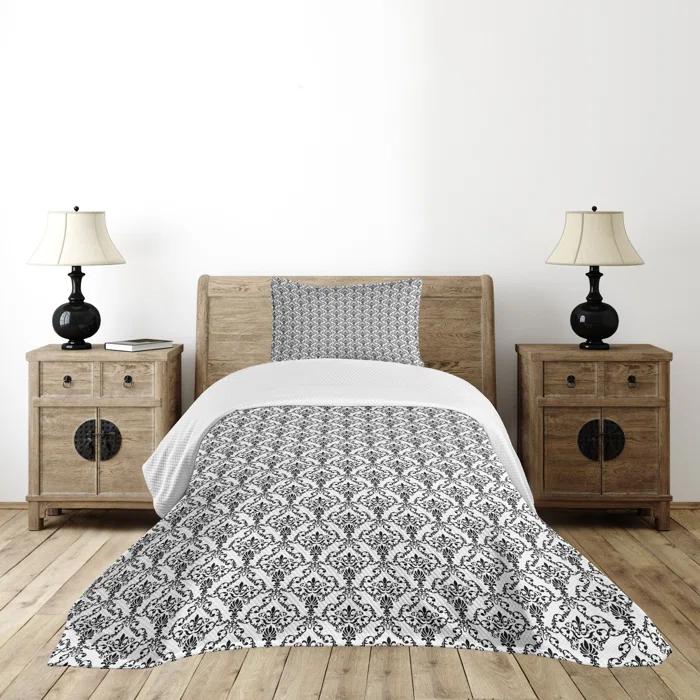 Ambesonne Ambesonne Damask Bedspread Set 2 Pcs Ornate Style Foliage Twin Black White