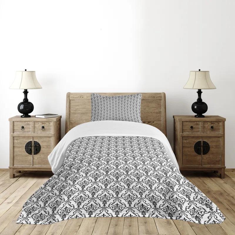 Ambesonne Ambesonne Damask Bedspread Set 2 Pcs Ornate Style Foliage Twin Black White