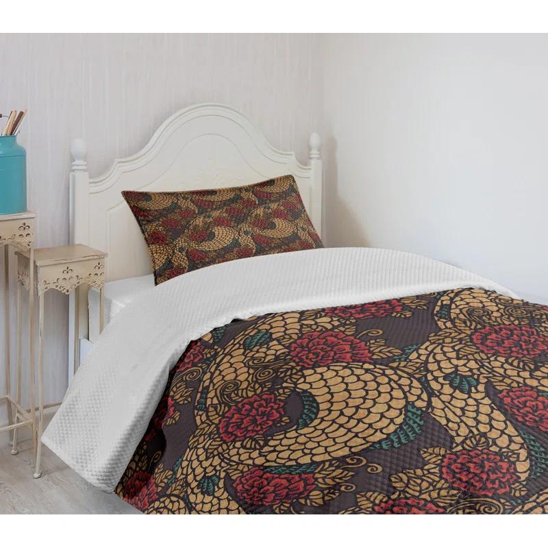 Ambesonne Ambesonne East Bedspread Set Traditional Roses Dragon Jade Green Sand Brown