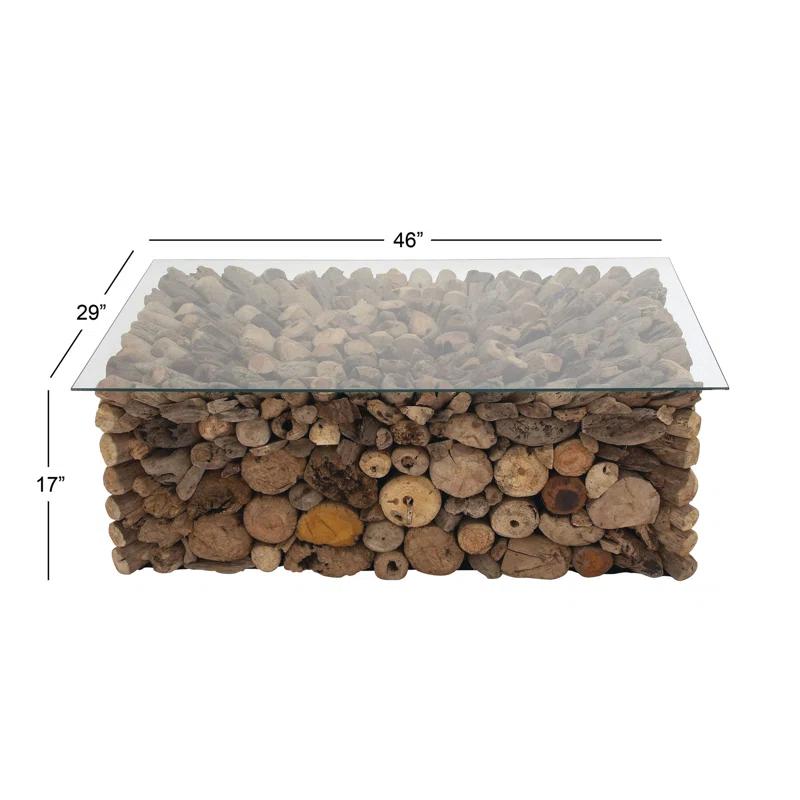 Millwood Pines Brown Wood Handmade Stacked Collage Coffee Table with Clear Glass Top