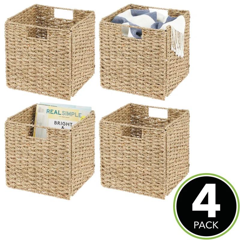 mDesign Seagrass Woven Cube Bin Basket Organizer, Handles (Set of 4)