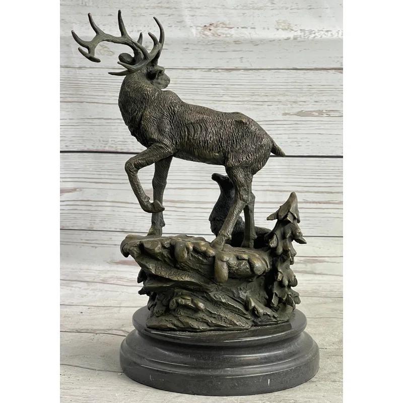 Loon Peak® Signed Original Male Stag with his Baby Fawn Bronze Sculpture Marble Base Statue