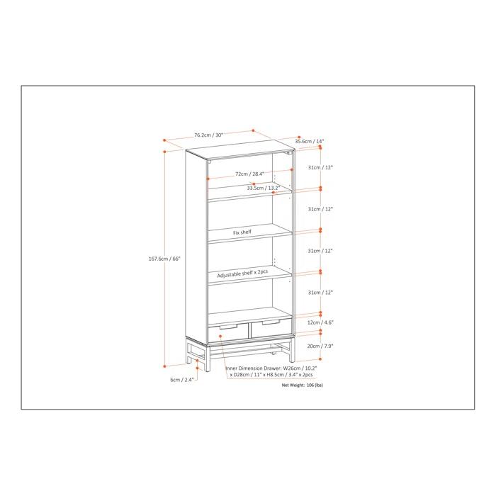 Simpli Home Banting 30"W Solid Wood 4 Shelf Industrial Bookcase with 2 Drawers, Adjustable Shelves, and Metal Base