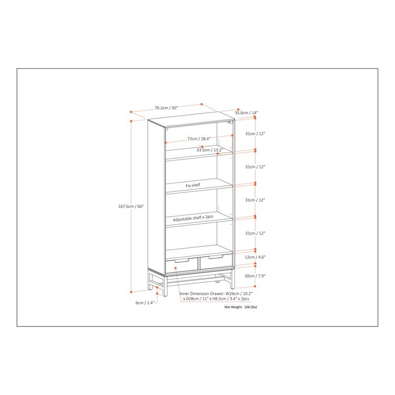 Simpli Home Banting 30"W Solid Wood 4 Shelf Industrial Bookcase with 2 Drawers, Adjustable Shelves, and Metal Base