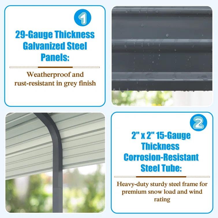 Veikous Steel Carport, Galvanized Multiple Sizes