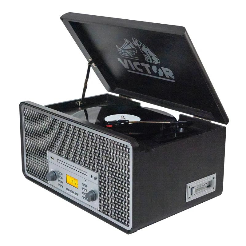 Victor 8-in-1 Wood Music Center with Bluetooth Vinyl Record Player