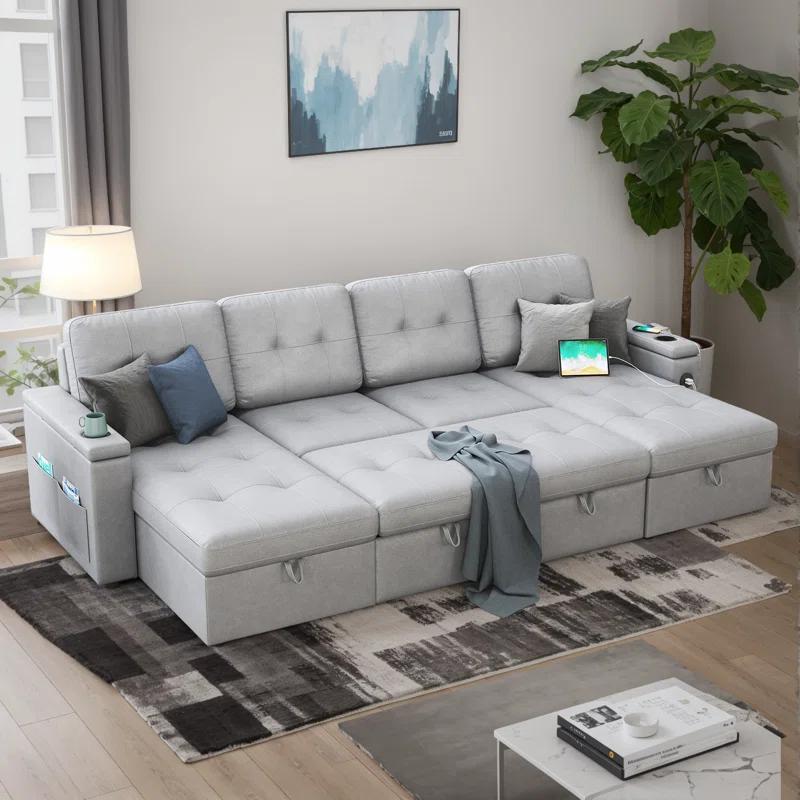 Latitude Run® Pull Out Sofa Bed With 2 USB Ports & Cup Holders, U Shaped Sleeper Sofa Bed With Dual Storage Chaise- Drak Gray