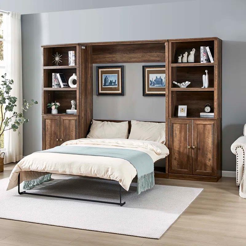LOONGFIELD Full Size Half Self-Close And Open Murphy Bed With 2 Side Cabinet Storage Shelf, Cabinet Space-Saving Bed Perfect For Guest Room, Bed Room, Guest Room, Home Office