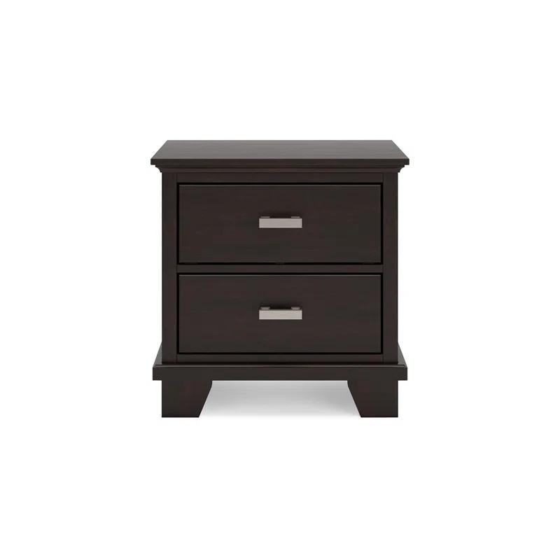Benjara Teno Nightstand, 2 Drawers, Nickel Handles, Dark Brown Solid Hardwood