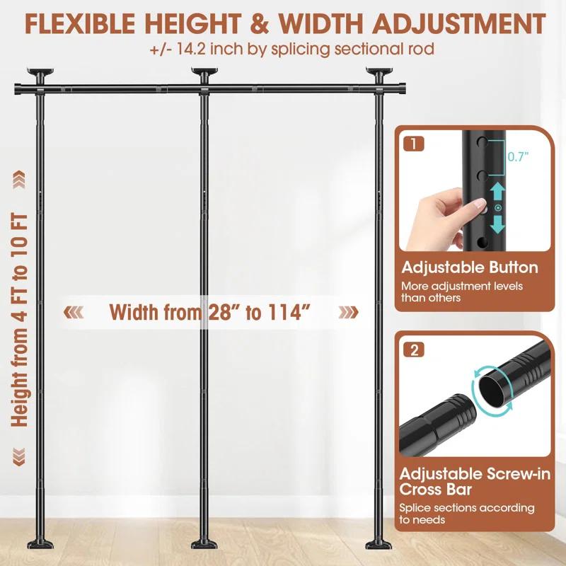 Rebrilliant Room Divider No Drilling Curtain Rod Wall Divider For Room Separation, 4-10Ft(H) 28-114Inch(W) Adjustable, Heavy Duty Partition Space Separator Freestanding Tension Curtain Stand, Black