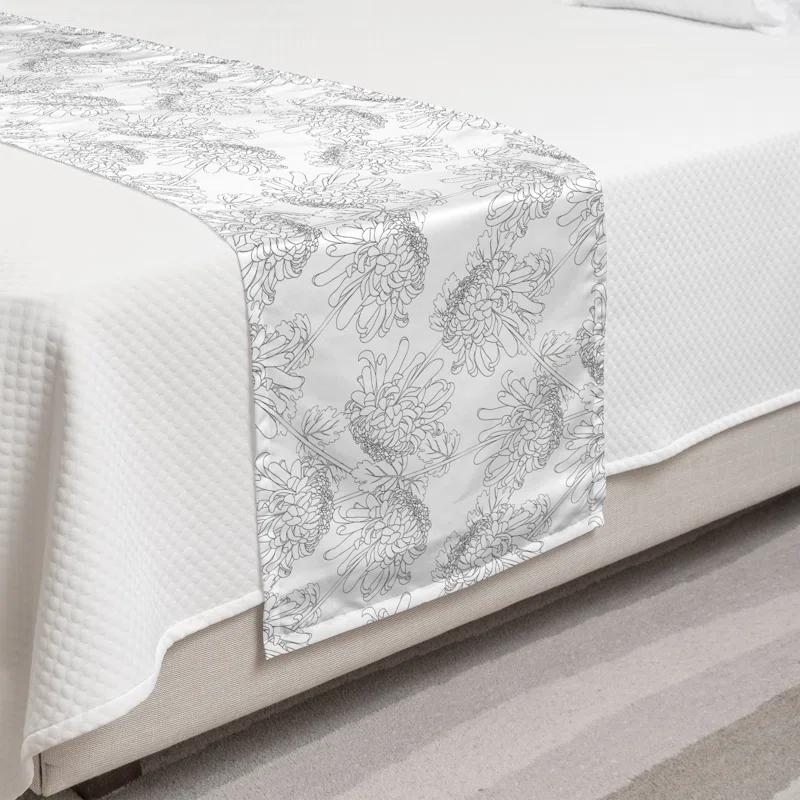 Ambesonne Ambesonne Floral Bed Runner Chrysanthemum Drawings Dimgray and White