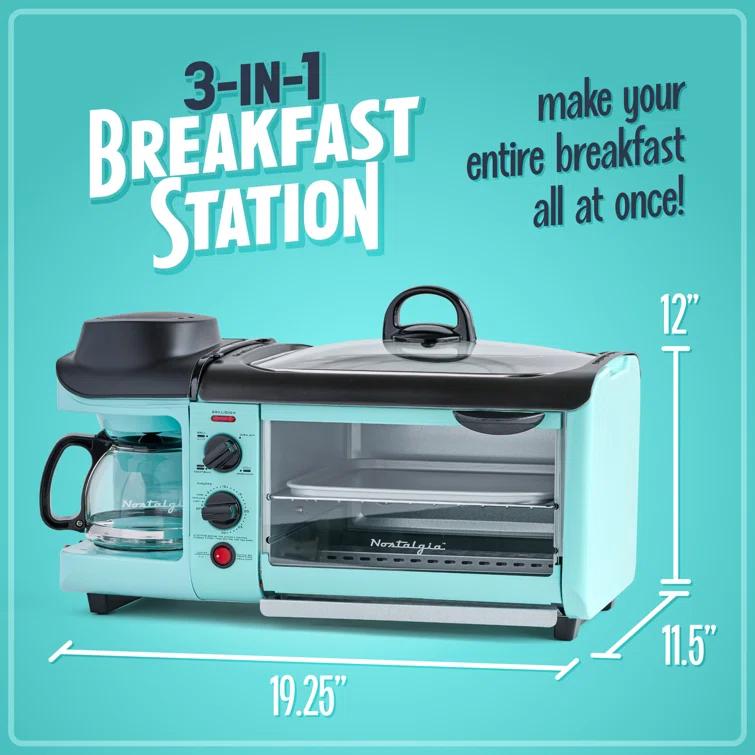 Nostalgia Nostalgia Retro 3-in-1 Family Size Electric Breakfast Station, Coffeemaker, Griddle, Toaster Oven, Aqua