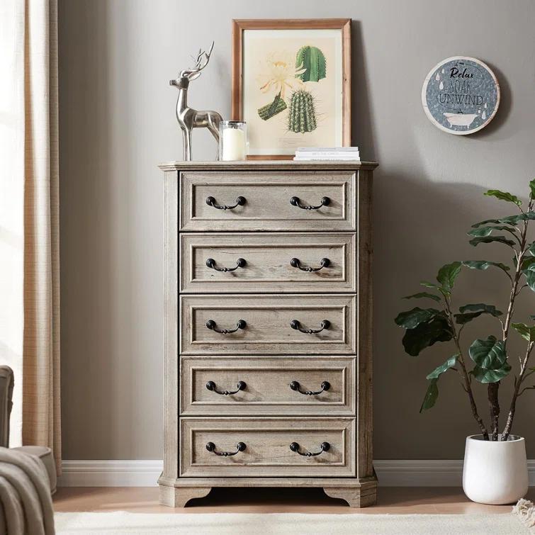 Laurel Foundry Modern Farmhouse® Theron Farmhouse 5 Drawer Bedroom Dresser, Wood Tall Chest of Drawers, Closet Storage for Bedroom