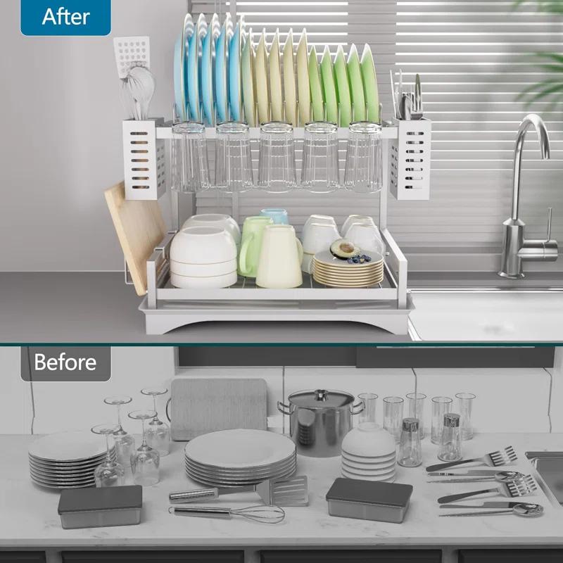 THE GLAMOUR BOUTIQUES Dish Drying Rack: 2 Tier Dish Racks For Kitchen Counter - Large Rust Proof Dish Drying Rack With Aluminum - Detachable Dish Drainer Organizer With Utensil Holders Drainboard Silver