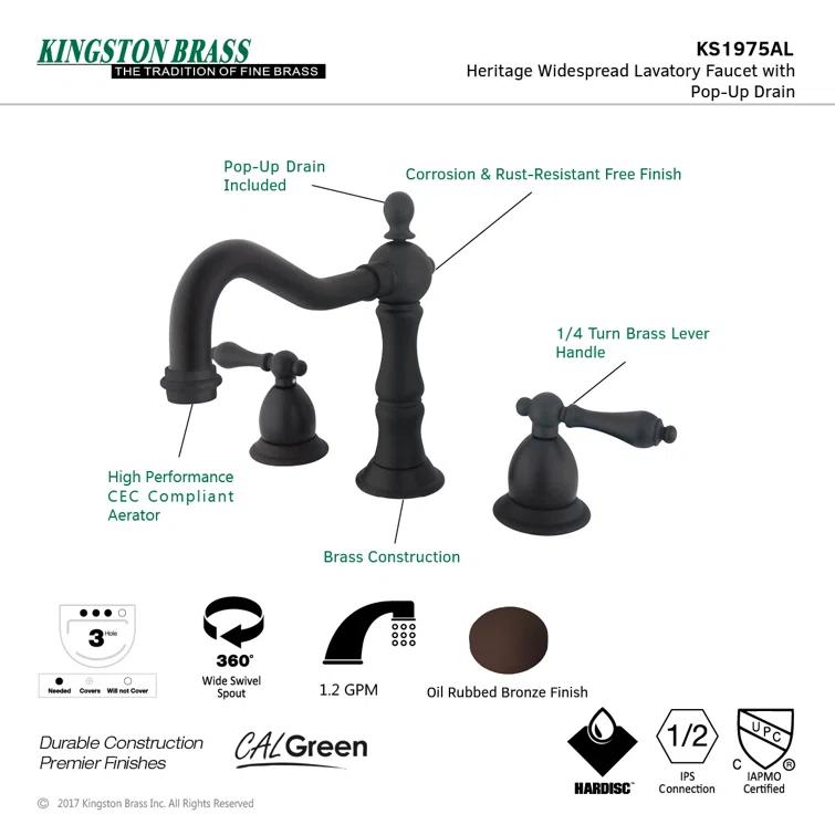Kingston Brass Kingston Brass Heritage Two-Handle 3-Hole Deck Mount Widespread Bathroom Faucet with Brass Pop-Up Drain KS1975AL