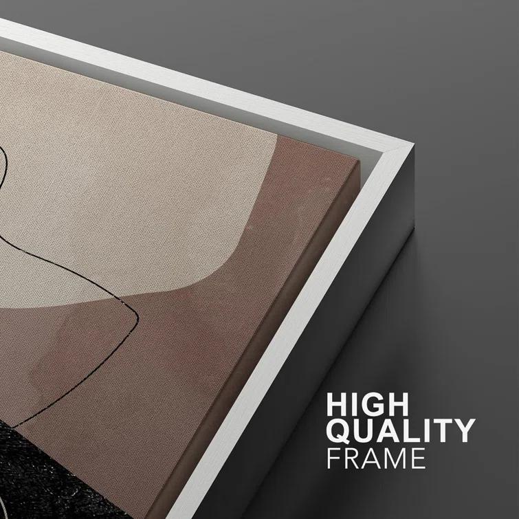 Mid Century Shape "Brown And Black Abstract Neutral Line Chic Framed Canvas Print 2 Pieces Wall Art