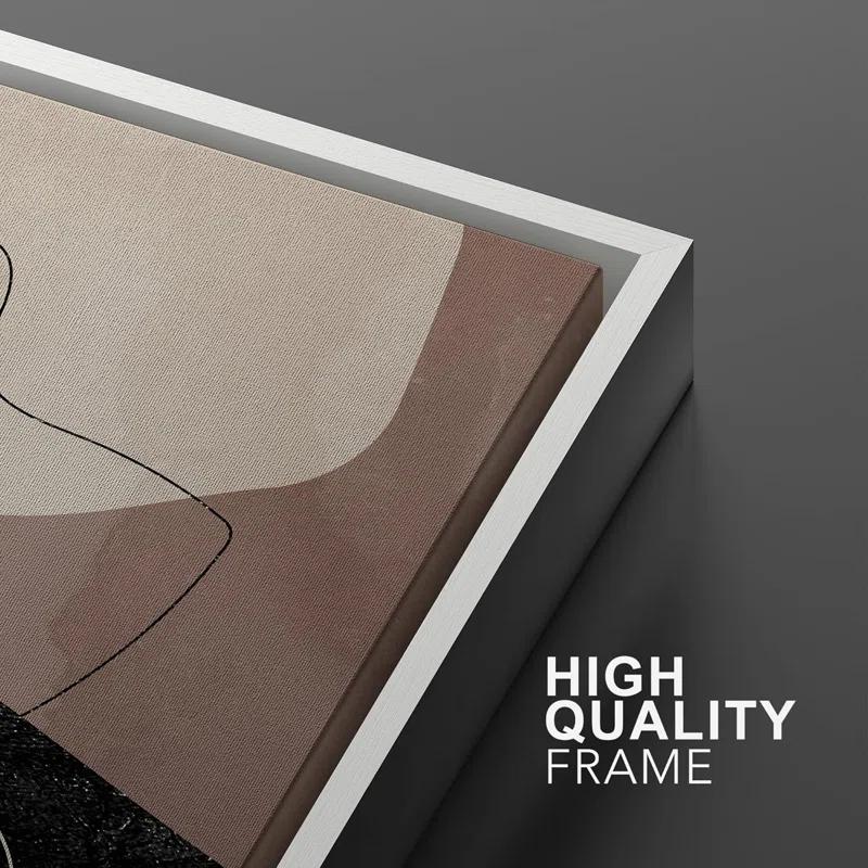 Mid Century Shape "Brown And Black Abstract Neutral Line Chic Framed Canvas Print 2 Pieces Wall Art