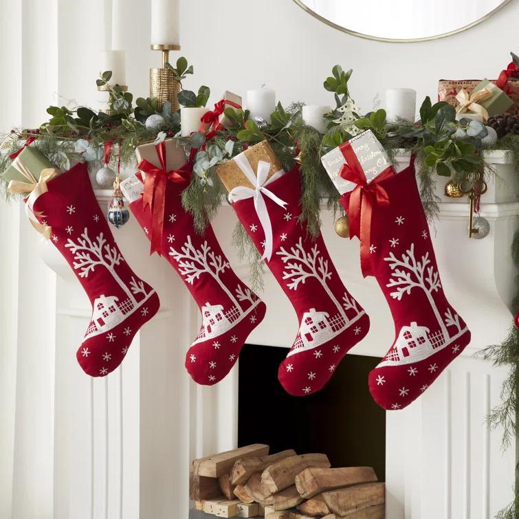 Arcadia Home Handmade Christmas Stocking - Snowy Village Embroidered Scene on Red