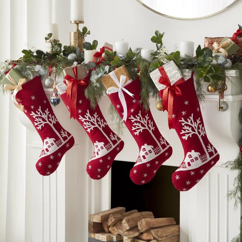 Arcadia Home Handmade Christmas Stocking - Snowy Village Embroidered Scene on Red